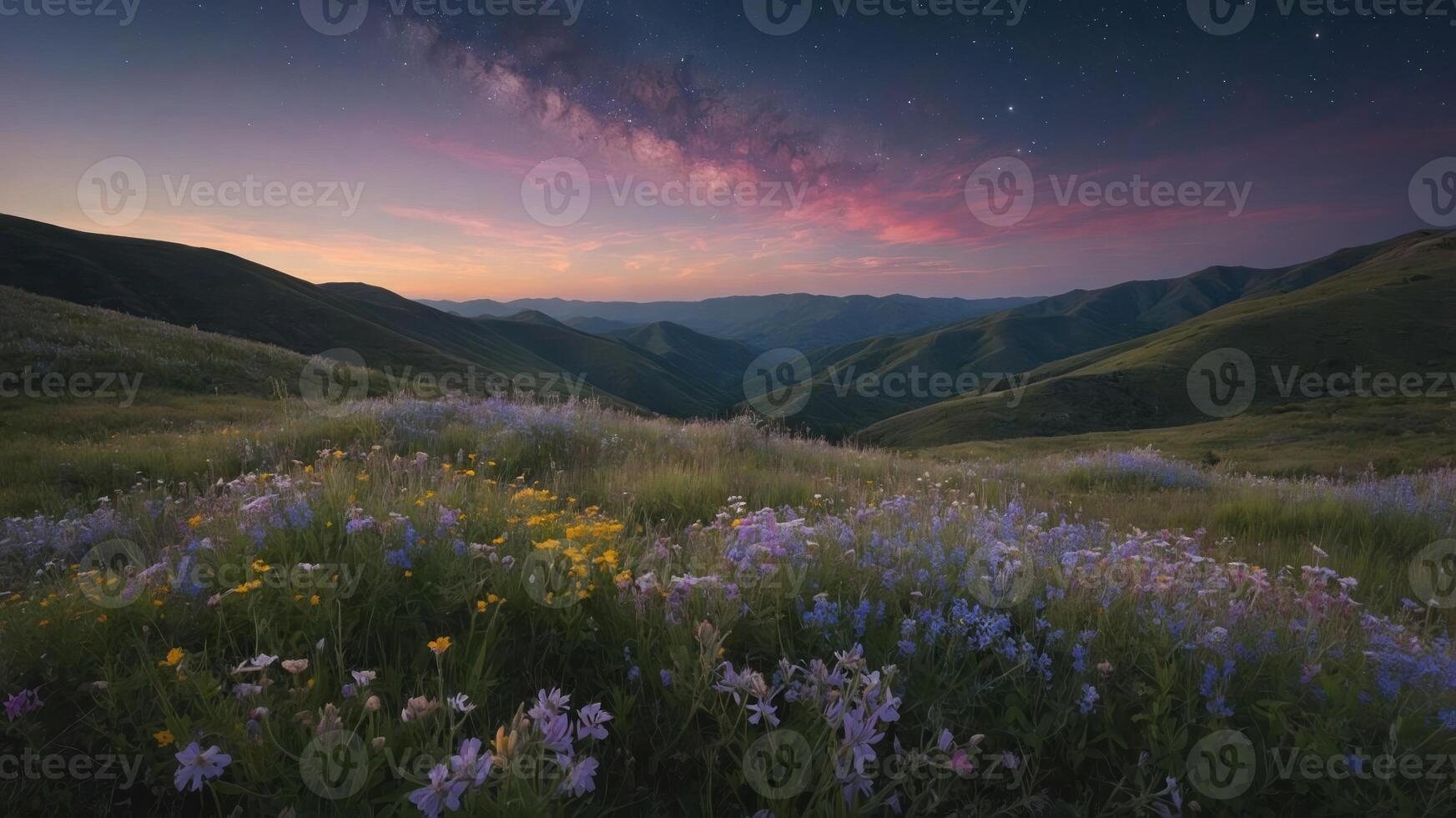 A serene landscape featuring vibrant wildflowers under a starry sky at dusk. photo