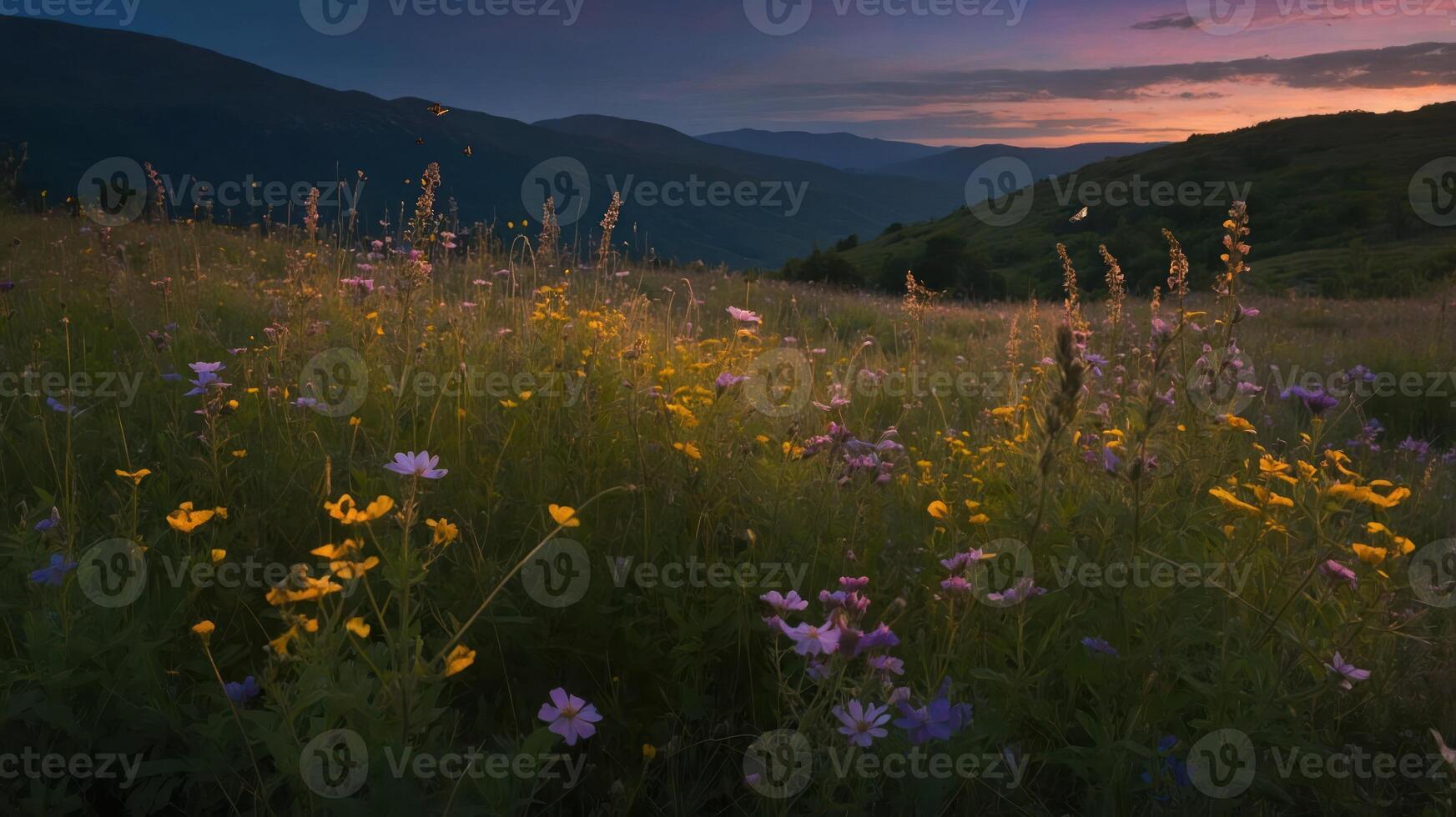 A serene landscape filled with vibrant wildflowers under a colorful sunset. photo