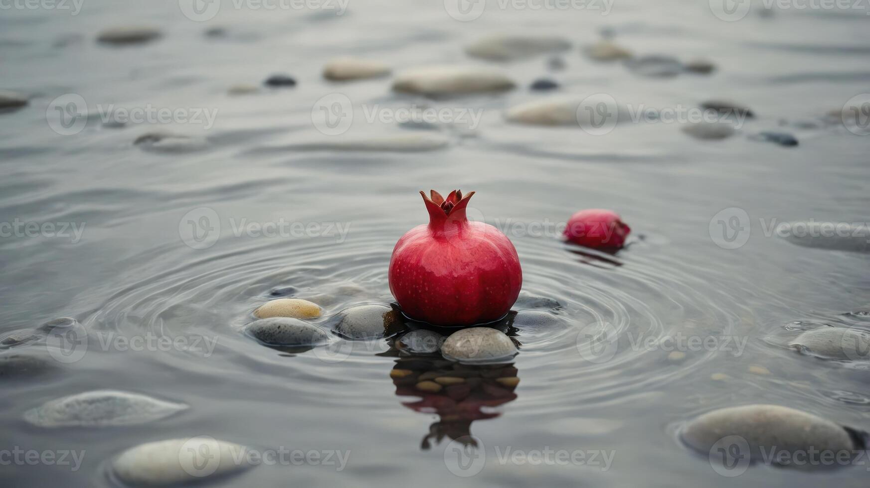 Pomegranate Resting on Pebbles in Water Creates Gentle Ripples photo
