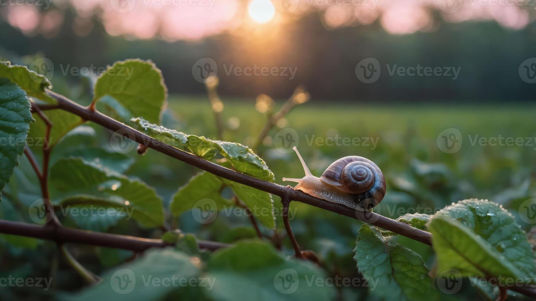 Snail Crawling on Branch at Sunset with Dew on Leaves photo