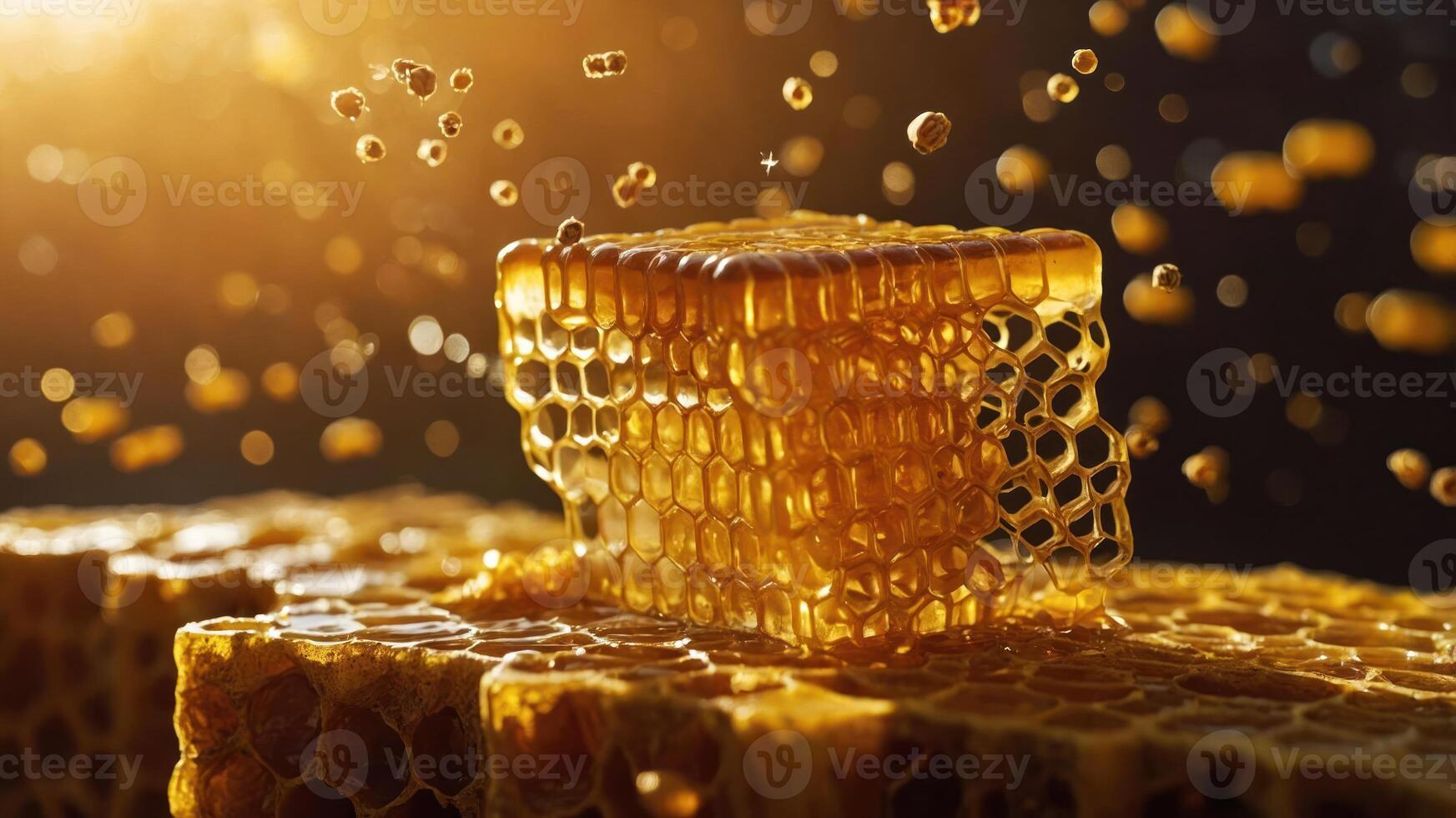 Golden Honeycomb Structure with Dripping Drops and Warm Light Glow photo