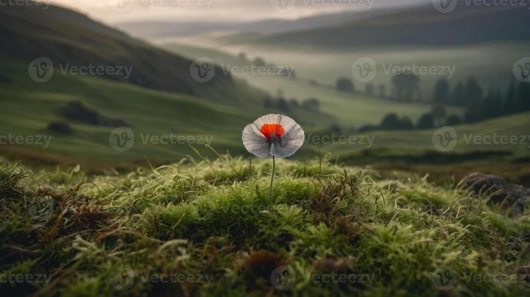 Single Flower Standing in Mossy Field with Rolling Hills Background photo