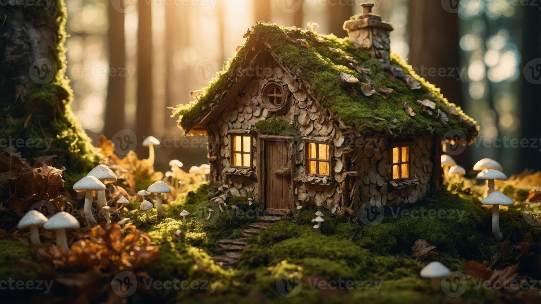 Enchanting Moss Covered Cottage in the Woods with Magical Glow photo
