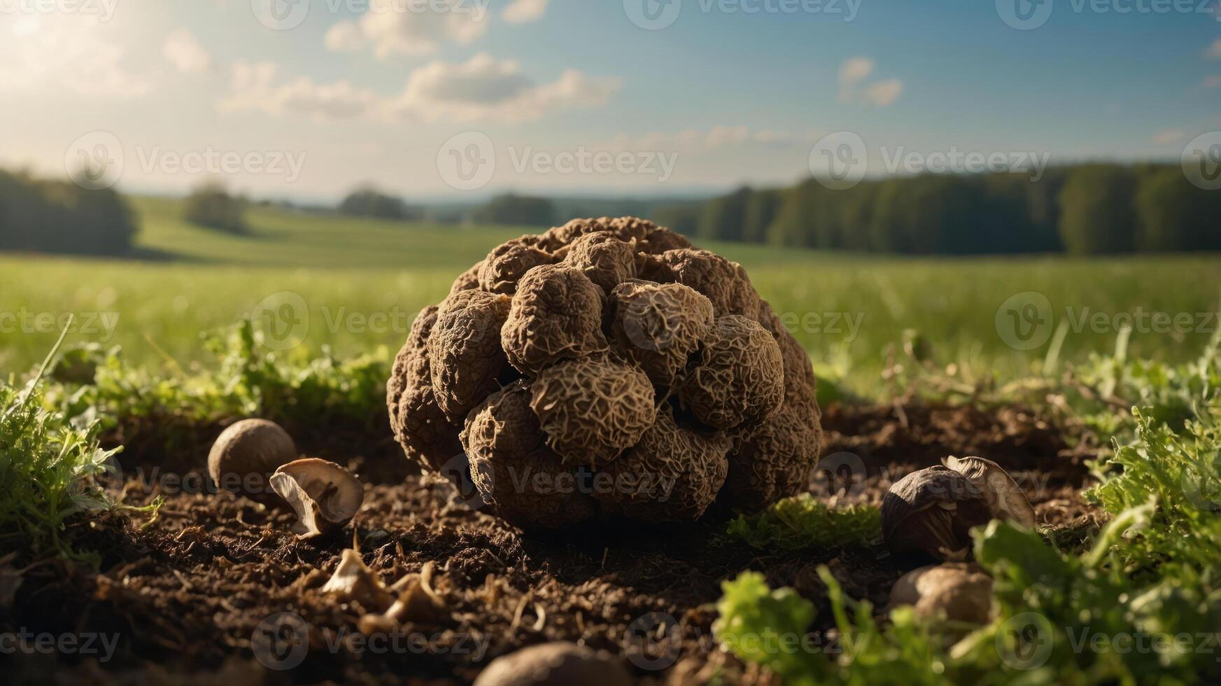 Close-up of Mushroom in Field with Forest Backdrop at Daytime photo