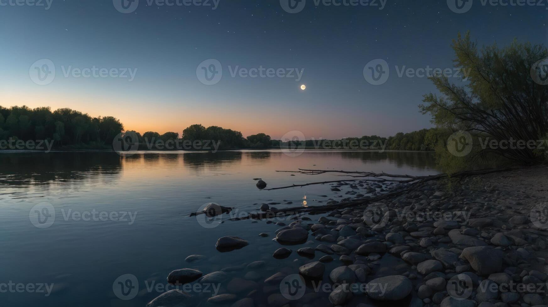 Still River Reflecting Sunset Sky with Starry Night and Rocks photo