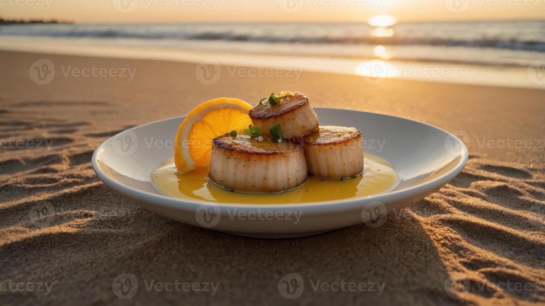 Seared Scallops on Plate with Citrus at Beach During Sunset photo