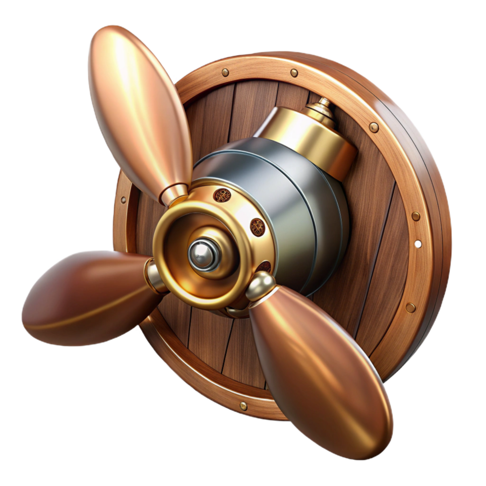 mesmerizing bold surreal Steampunk airship propeller made of polished wood and copper. NO BACKGROUND with Transparent Background. 4K png