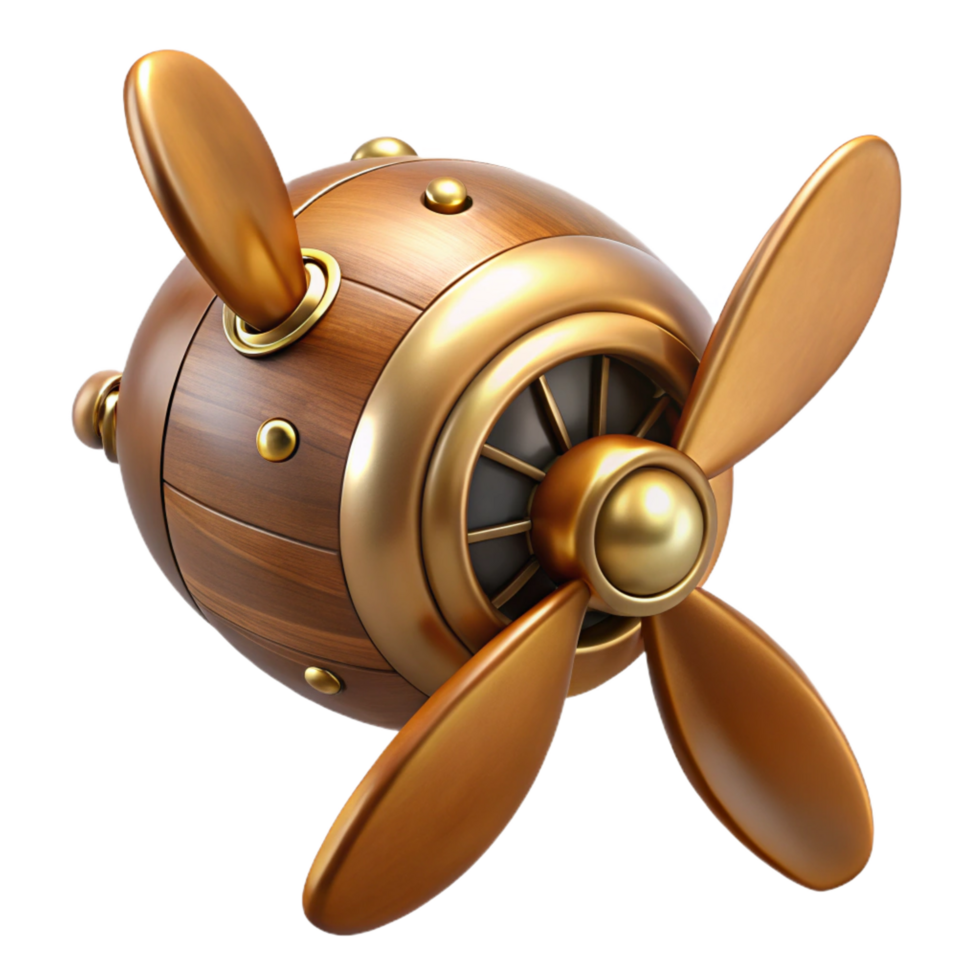 immaculate nostalgic mid-century Steampunk airship propeller made of polished wood and copper. NO BACKGROUND with Transparent Background. impeccable png