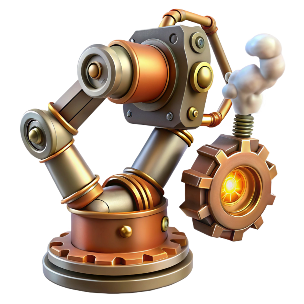hypnotic mysterious contemporary Steampunk robotic arm with exposed gears and steam vents. NO BACKGROUND with Transparent Background. impeccable png