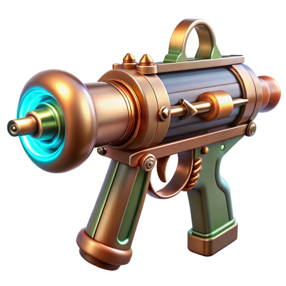 standout elegant Steampunk ray gun with copper piping and a glowing vacuum tube. NO BACKGROUND with Transparent Background. premium png