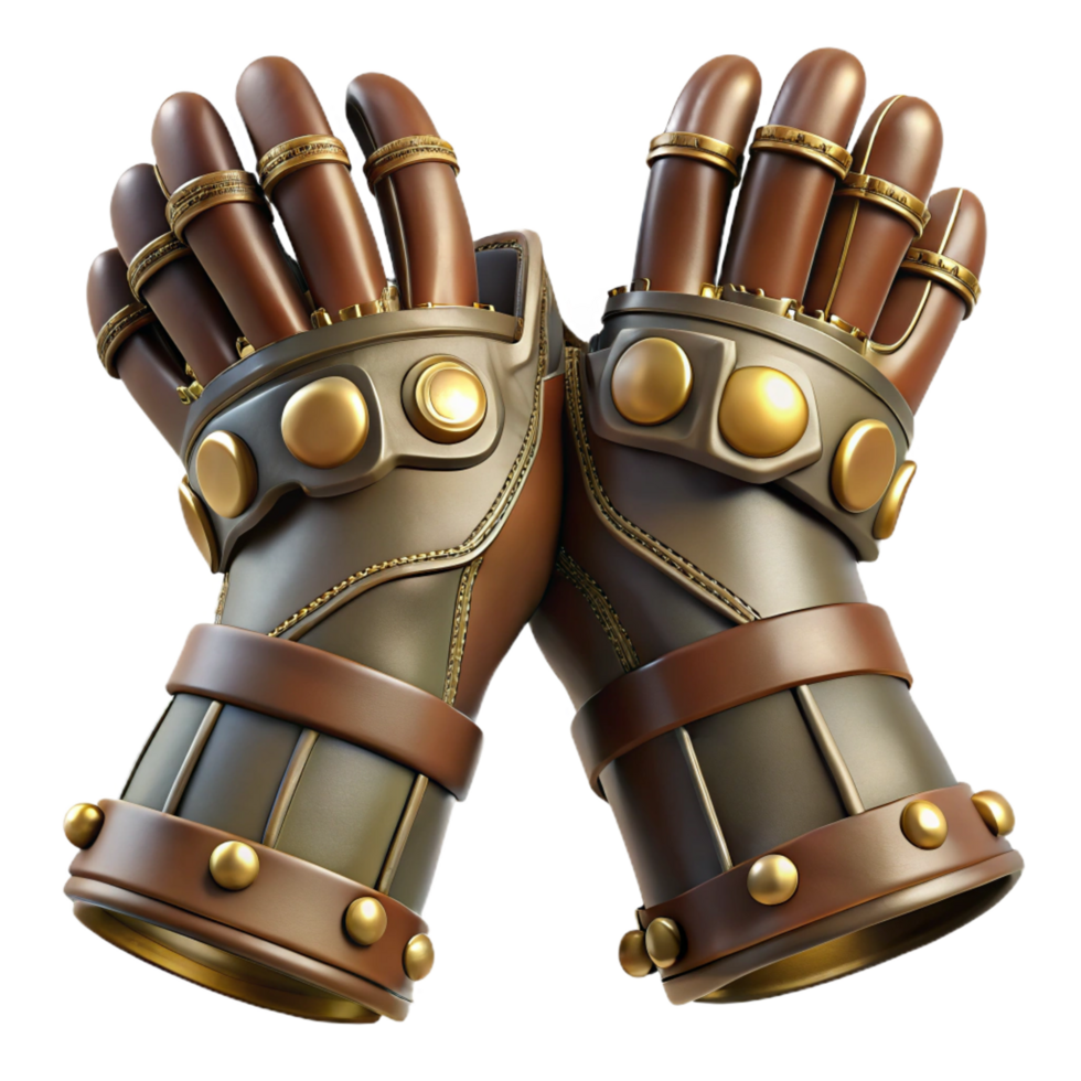 stunning distinctive Steampunk gloves with articulated finger joints and leather gauntlets. NO BACKGROUND with Transparent Background. png