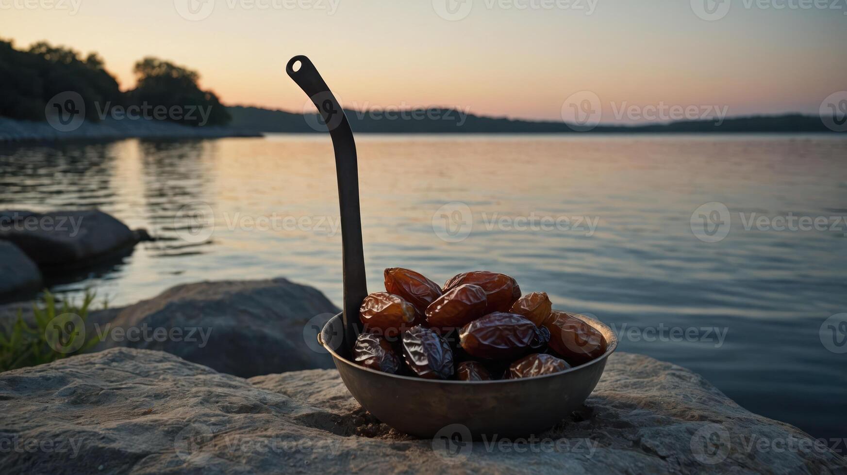 Dates in Metal Bowl at Lakeside During Golden Hour Sunset photo