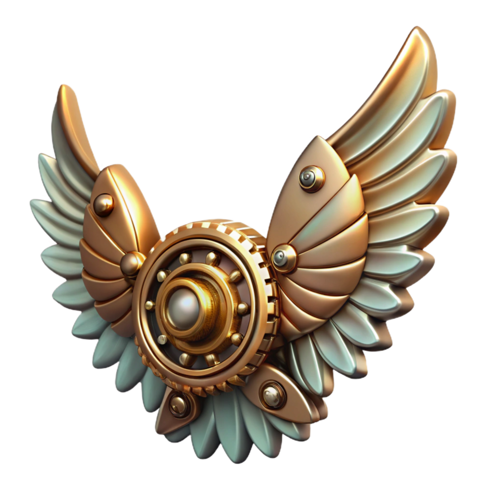 signature urban Steampunk wings crafted from clockwork gears and metal feathers. NO BACKGROUND with Transparent Background. fine detail png