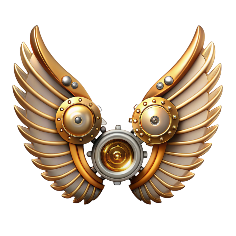 mesmerizing intense contemporary Steampunk wings crafted from clockwork gears and metal feathers. NO BACKGROUND with Transparent Background. 4K png