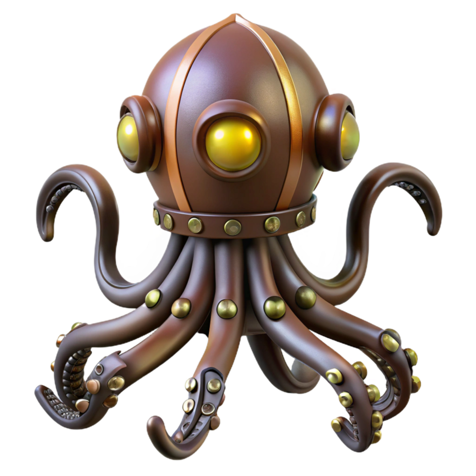 mesmerizing passionate creative Steampunk octopus automaton with articulated tentacles and glowing eyes. NO BACKGROUND with Transparent Background. high quality png