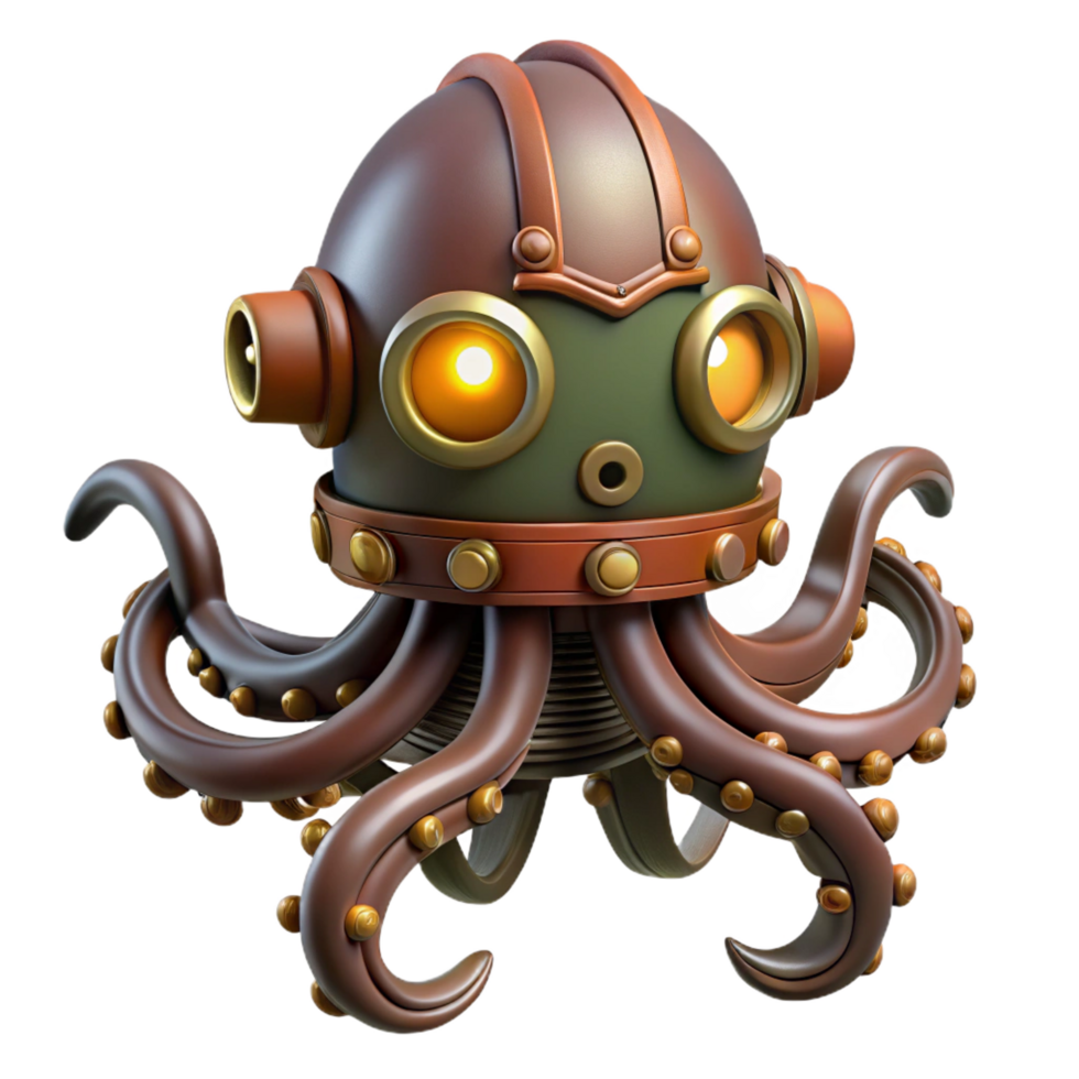 passionate captivating Steampunk octopus automaton with articulated tentacles and glowing eyes. NO BACKGROUND with Transparent Background. authentic png
