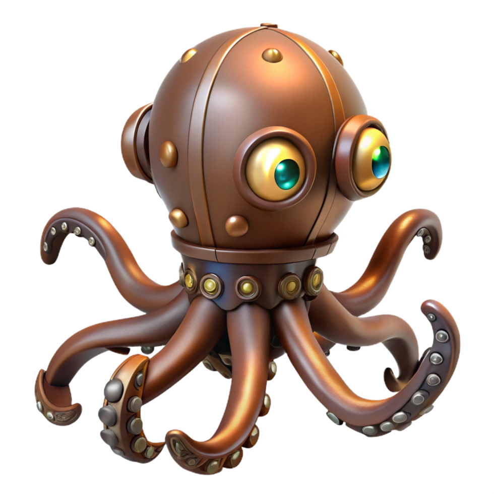 intense spectacular Steampunk octopus automaton with articulated tentacles and glowing eyes. NO BACKGROUND with Transparent Background. detailed png