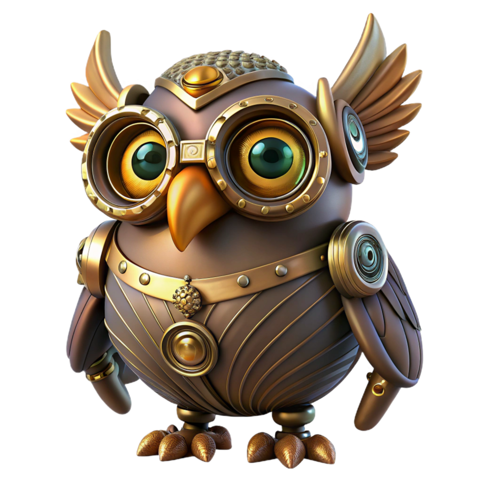 pristine passionate retro Steampunk owl automaton with intricate clockwork feathers and glowing eyes. NO BACKGROUND with Transparent Background. high quality png