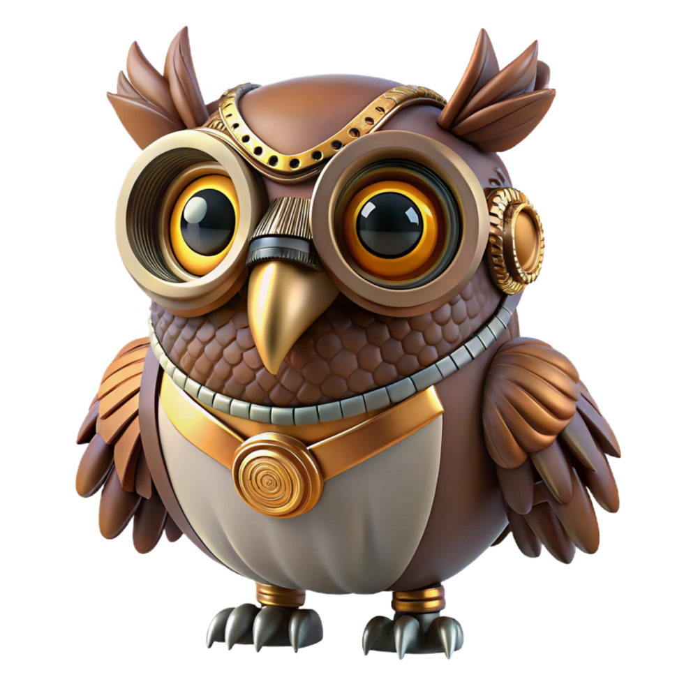 exquisite modern Steampunk owl automaton with intricate clockwork feathers and glowing eyes. NO BACKGROUND with Transparent Background. exclusive png