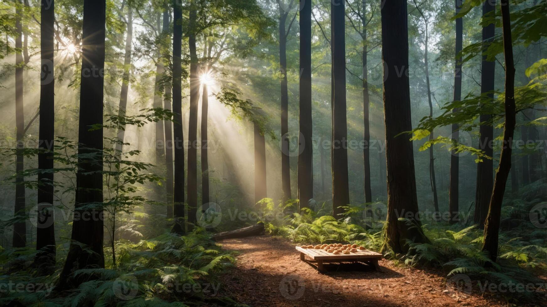 Sun Rays Shining Through Tall Trees in Forest with Peaceful Mood photo