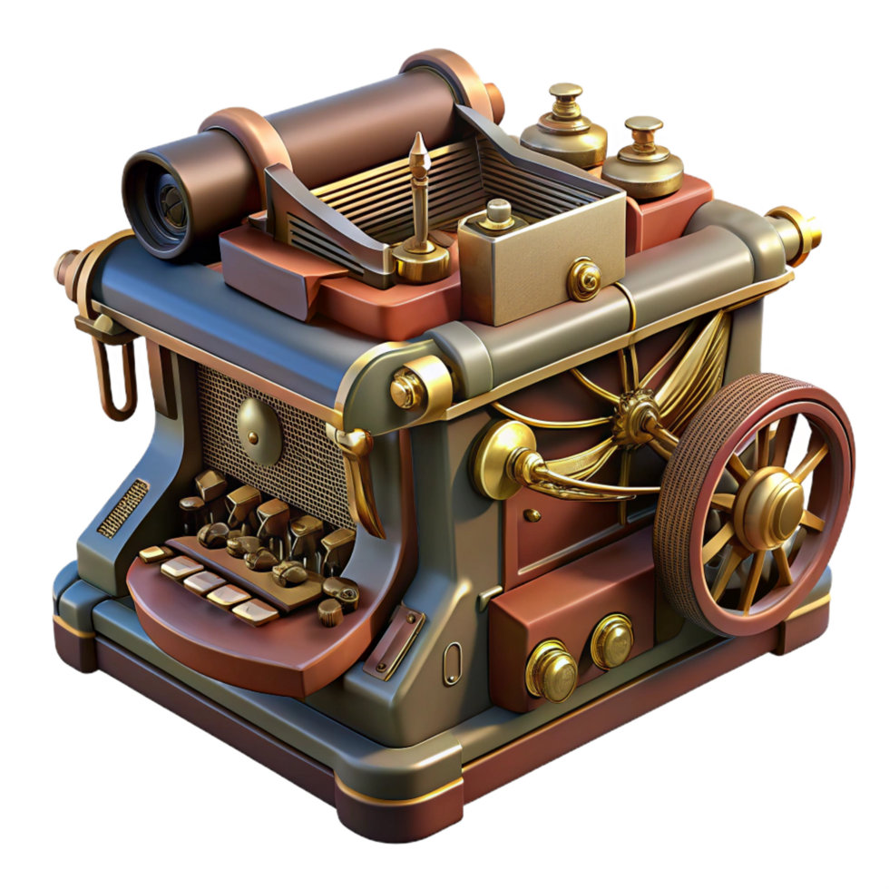elegant peaceful art deco Steampunk typewriter with intricate keys and a metal carriage. NO BACKGROUND with Transparent Background. high resolution png