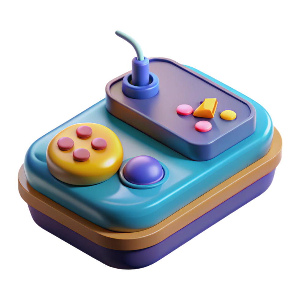 exceptional futuristic Retro game console with controllers. NO BACKGROUND with Transparent Background. fine detail png