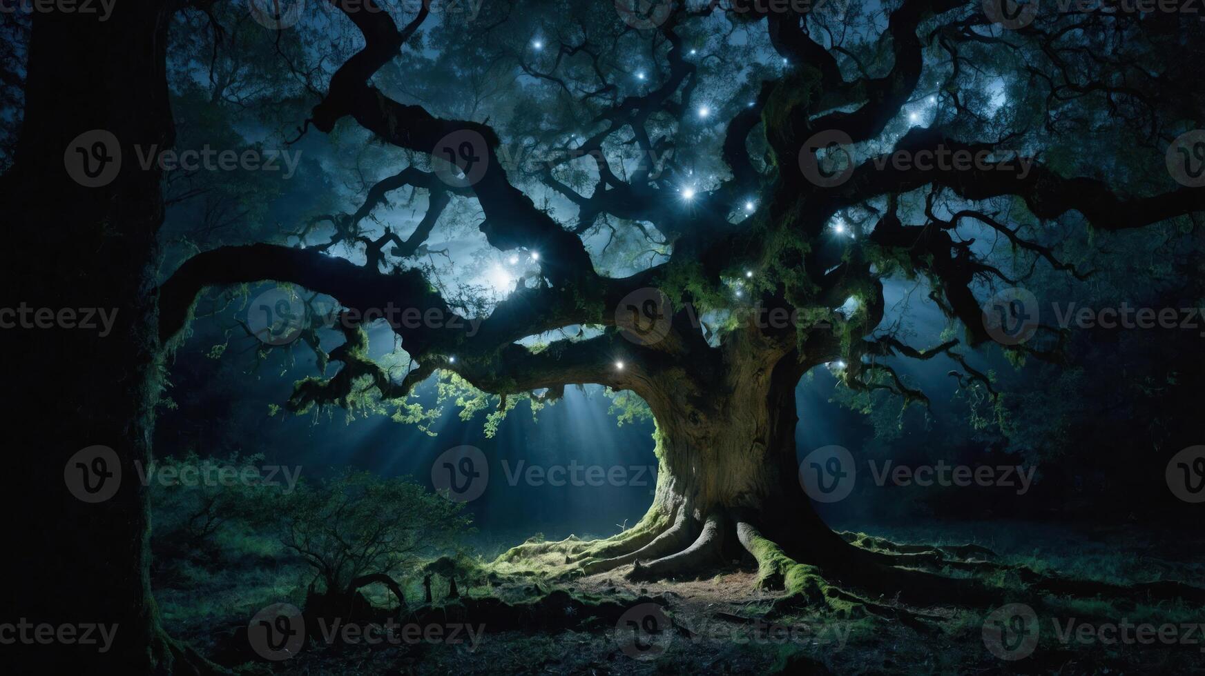 Enchanting Old Tree Glowing in Dark Forest with Light Rays photo