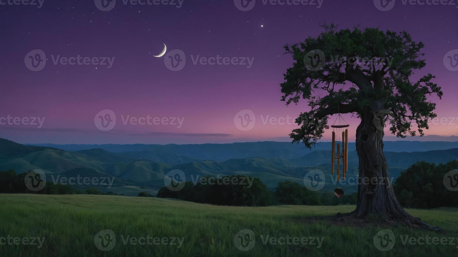 Peaceful Meadow Landscape with Crescent Moon Tree and Wind Chimes photo