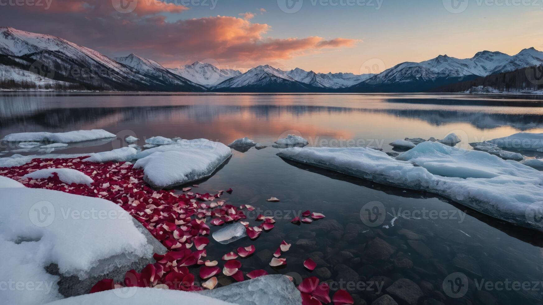 Rose Petals Floating in Mountain Lake with Snowy Peaks at Dusk photo