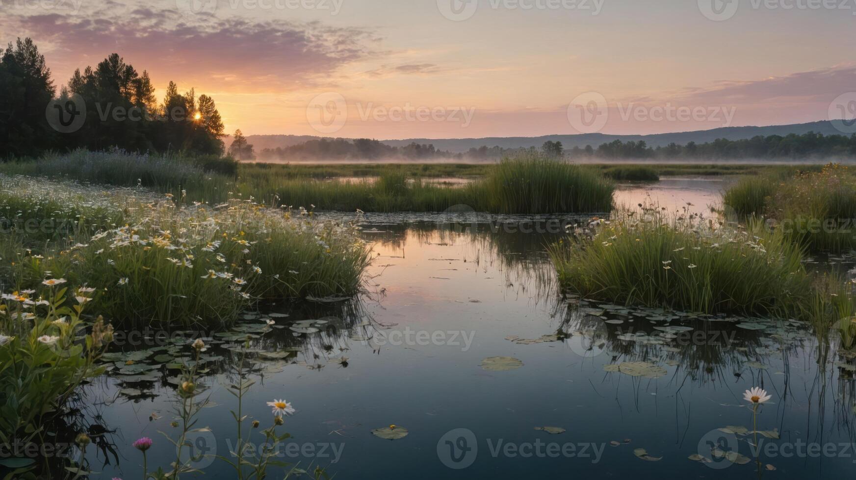 Peaceful Wetland Scene at Sunset with Flowers Reflecting in Water photo