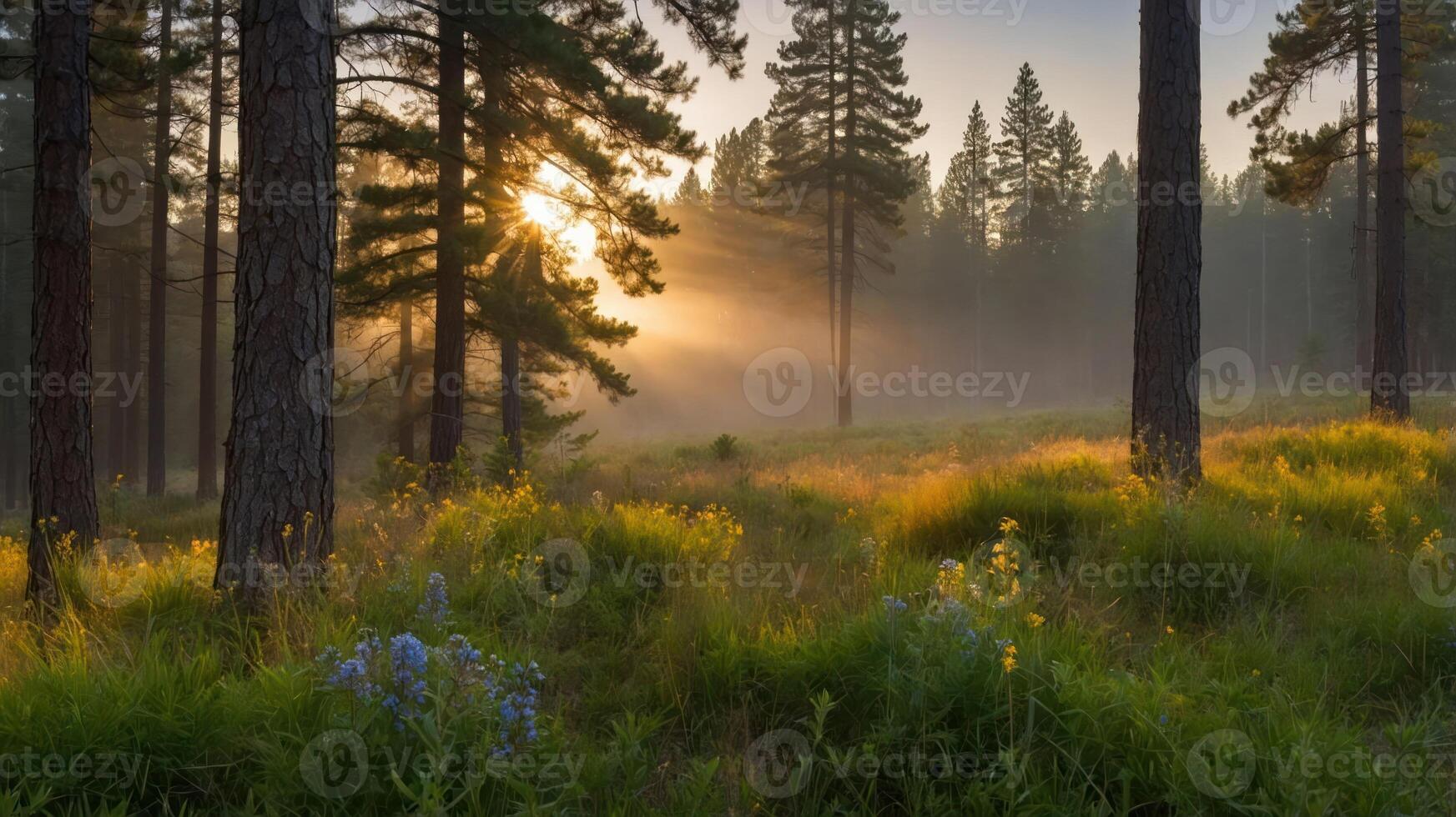 Sun Rays Shining Through Forest Trees with Flowers and Fog photo