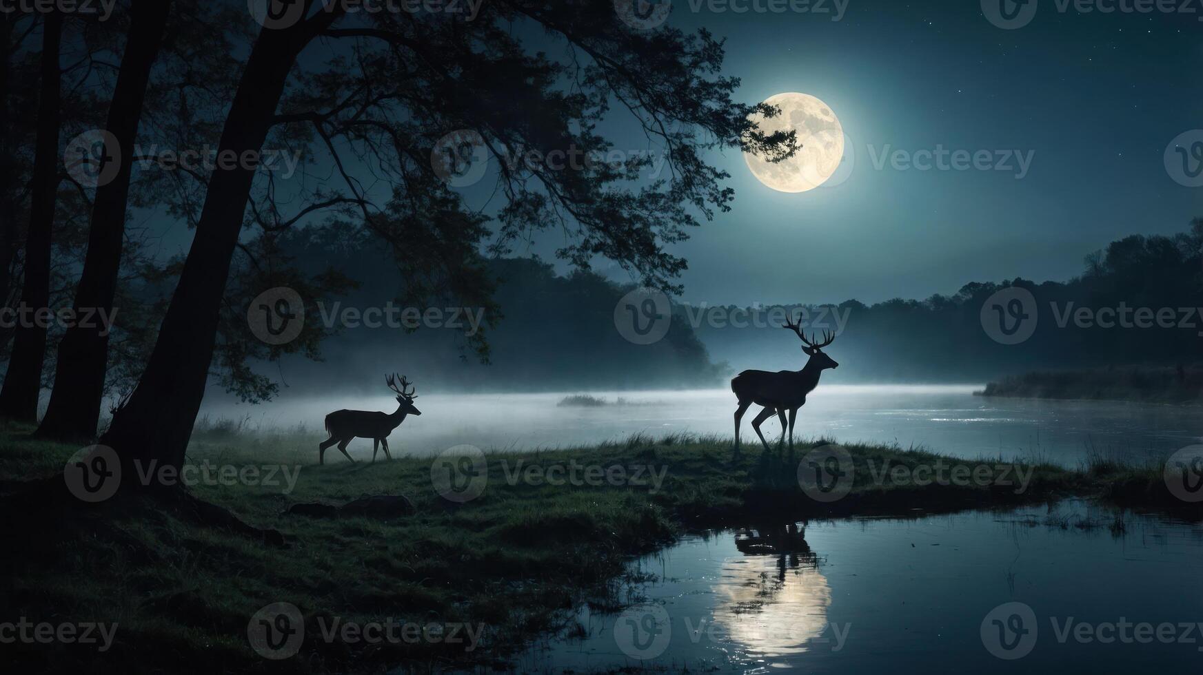 Deer Silhouettes at Moonlit Lake in Forest Landscape Image photo