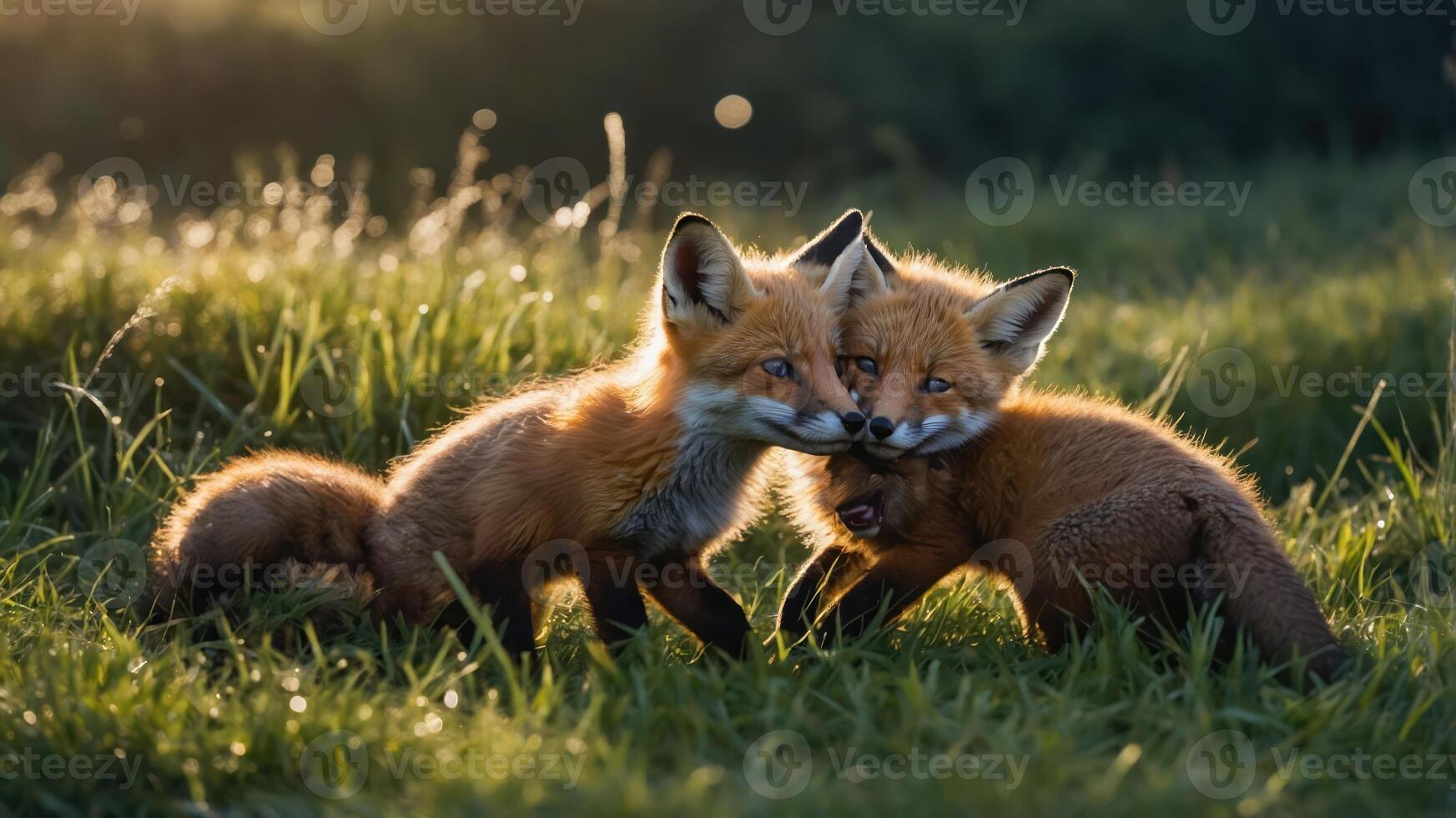 Fox Cubs Playfully Interact in Meadow at Sunset with Glowing Light photo