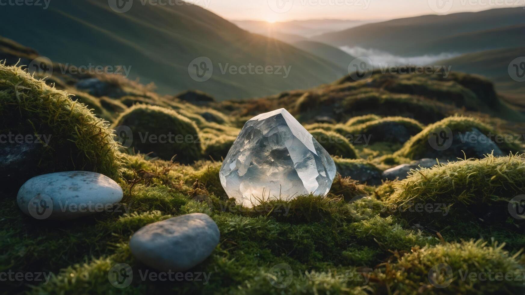 Crystal on Mossy Hillside with Rising Sun and Mountain View photo