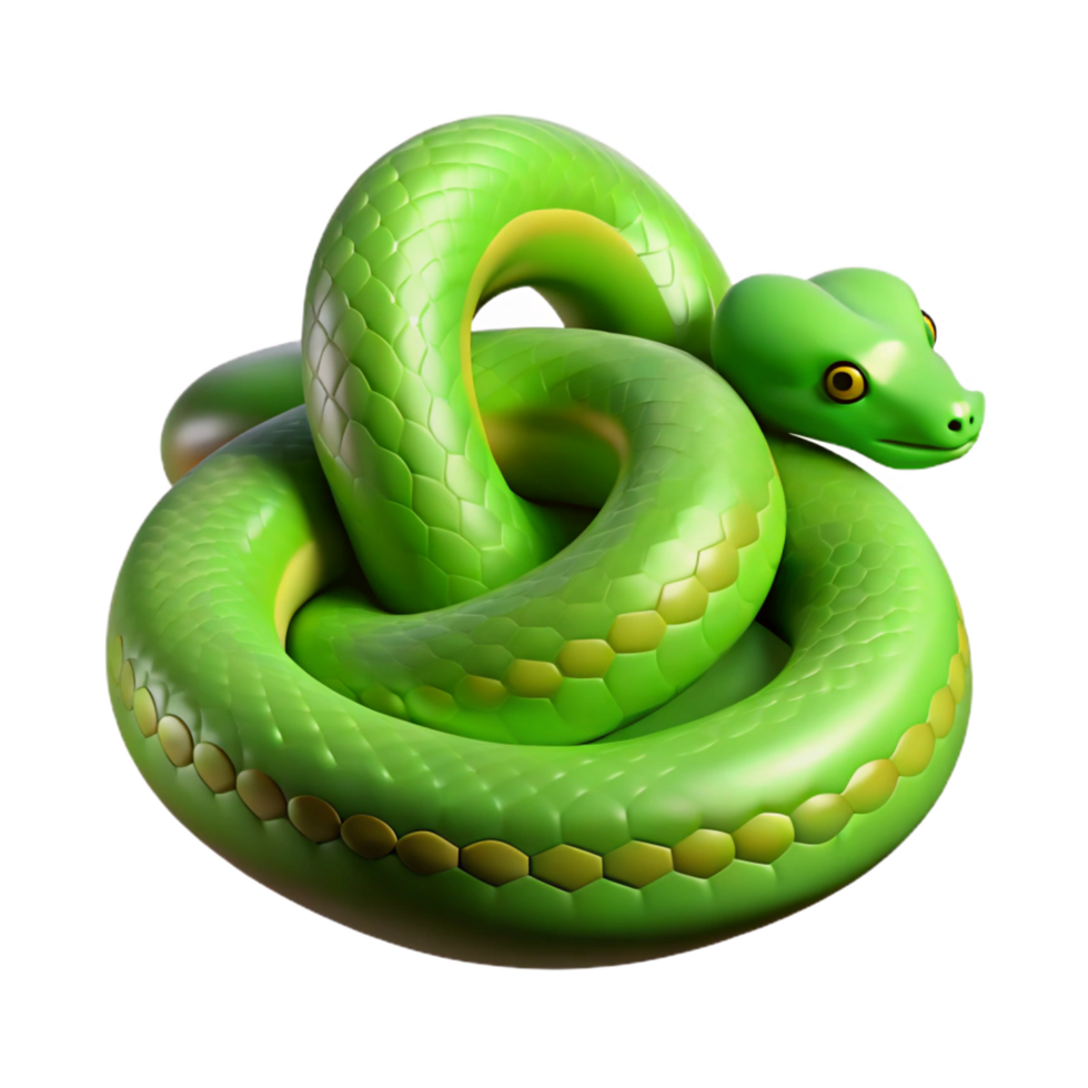 whimsical extraordinary A slithering Green Tree Python, coiled, NO BACKGROUND with Transparent Background. studio quality png