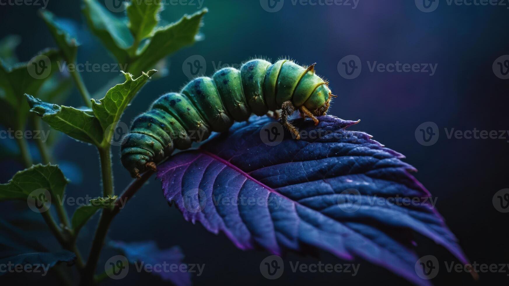 Green Caterpillar Crawling on Leaf in Nature Close-up Macro Shot photo