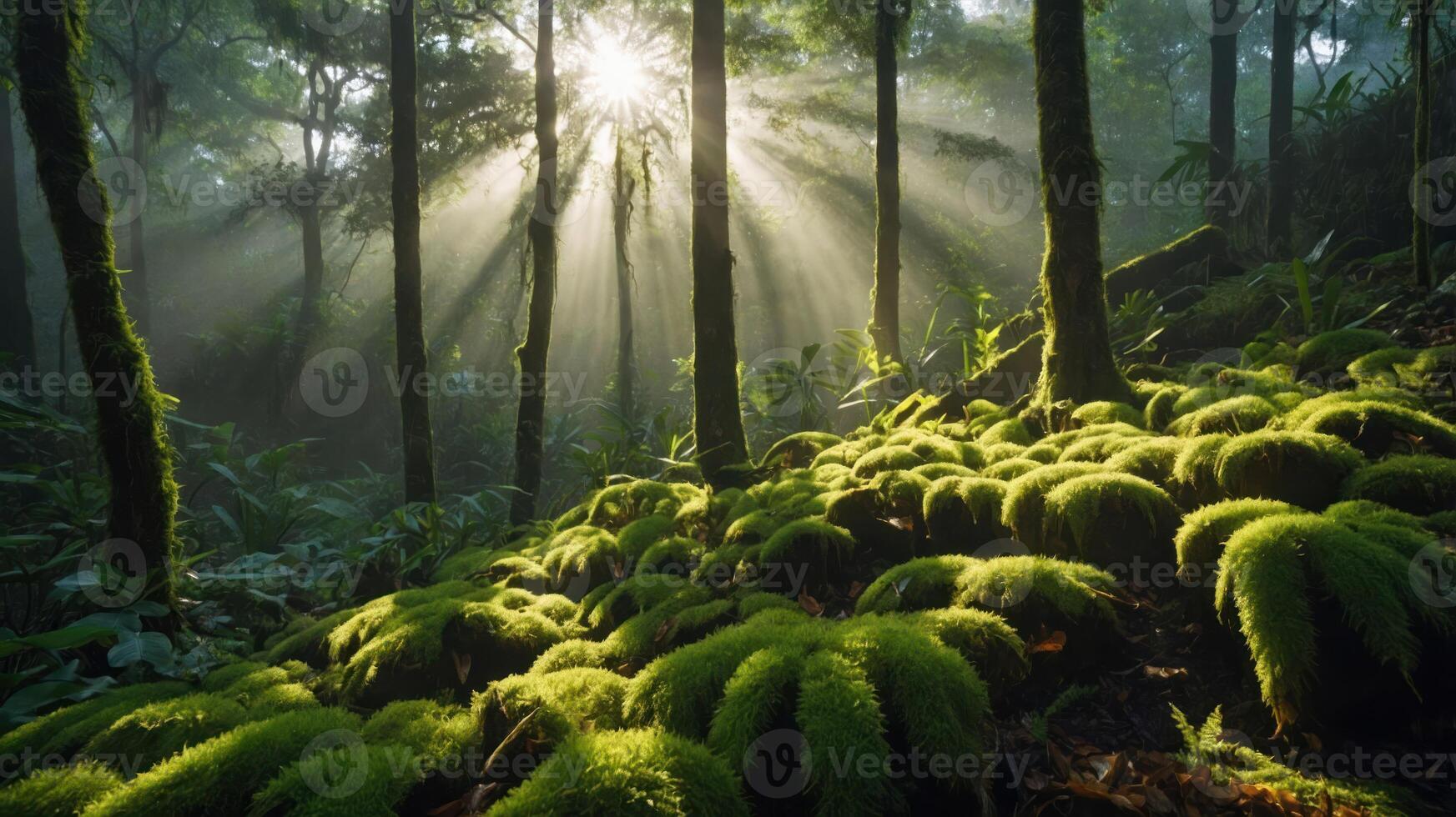 Sun Rays Shining Through Trees in a Lush Green Forest Scene photo