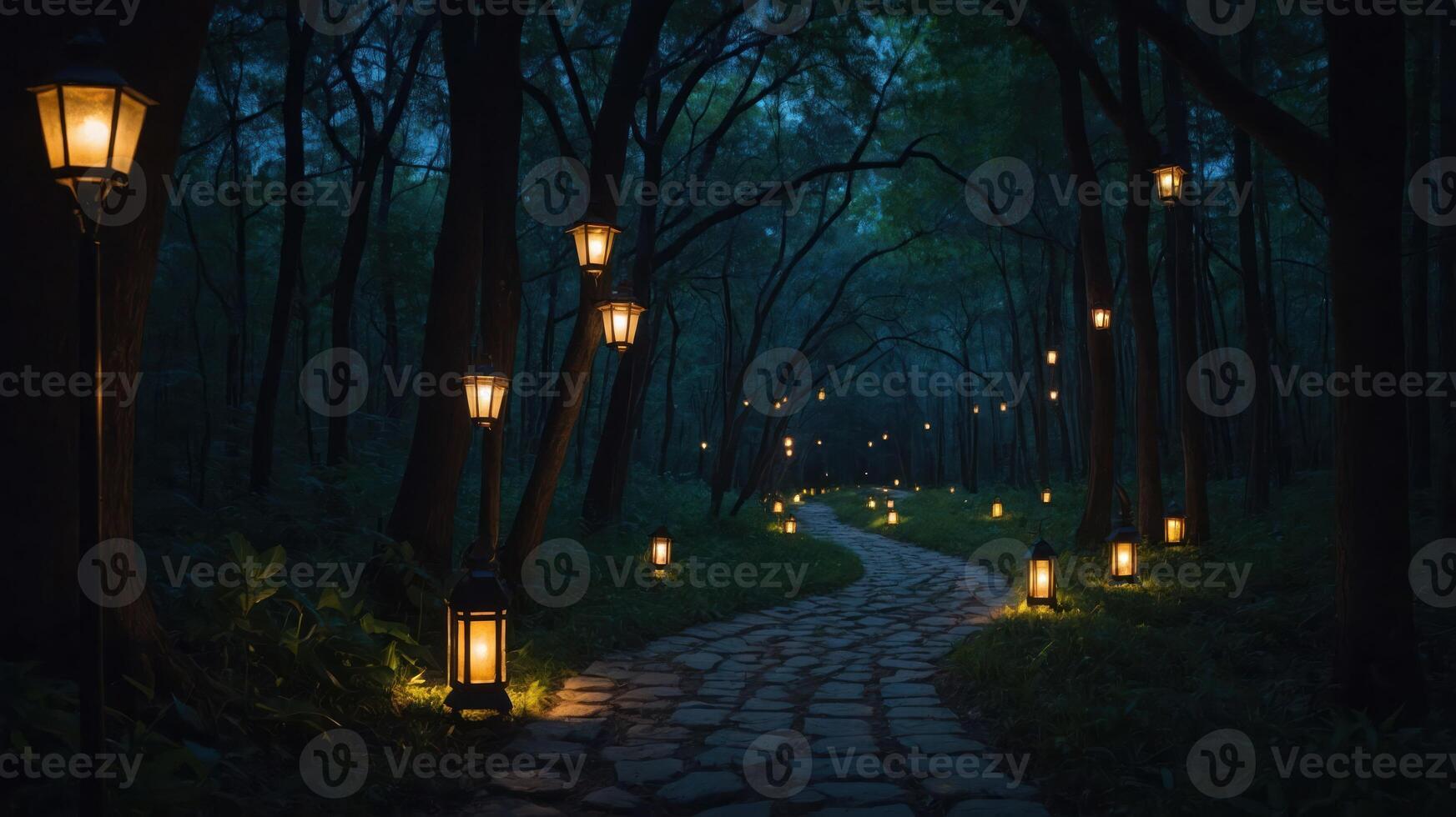 Walking Stone Path Lined with Glowing Lanterns Through Dark Forest photo