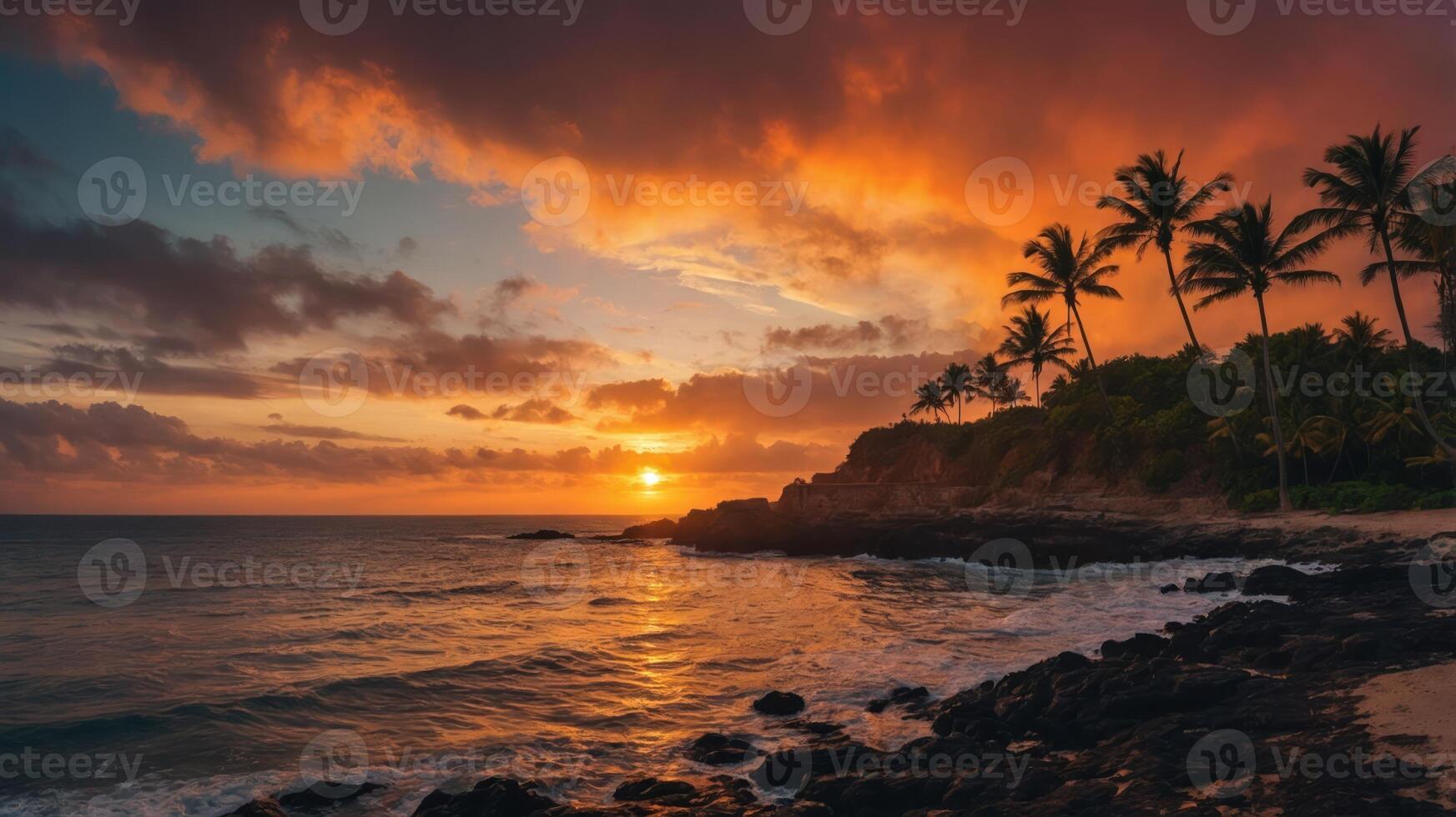 Sunset Beach with Palm Trees and Ocean Waves in Tropical Paradise photo