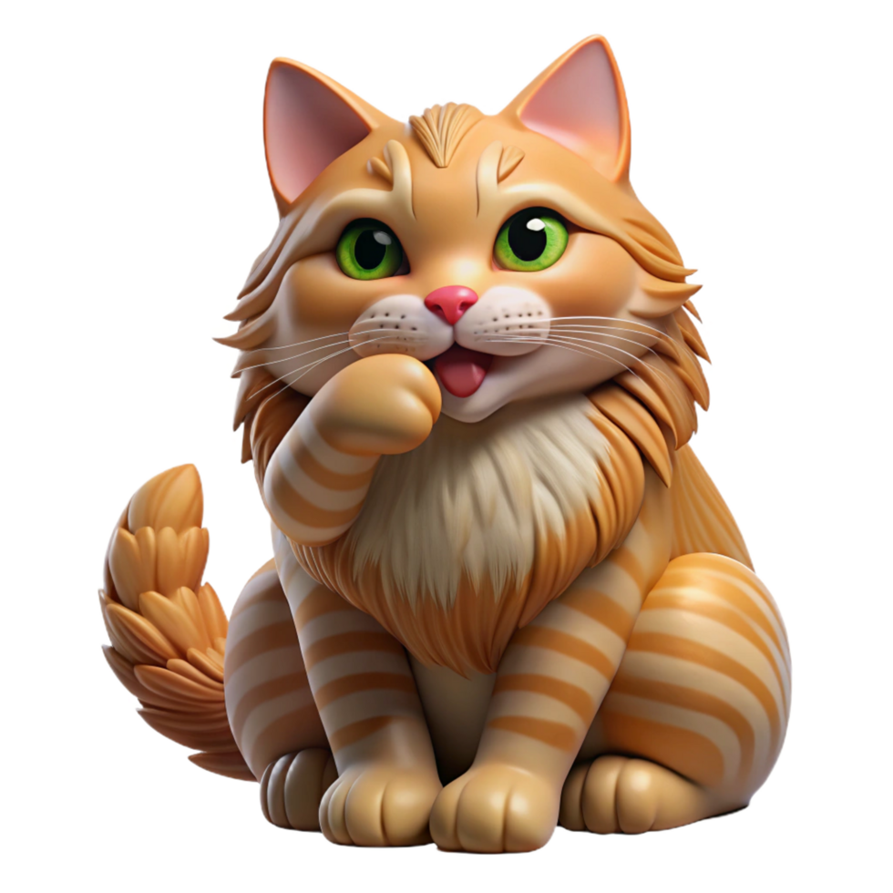 intense elegant A grooming long-haired tabby cat, licking paw, NO BACKGROUND with Transparent Background. genuine png
