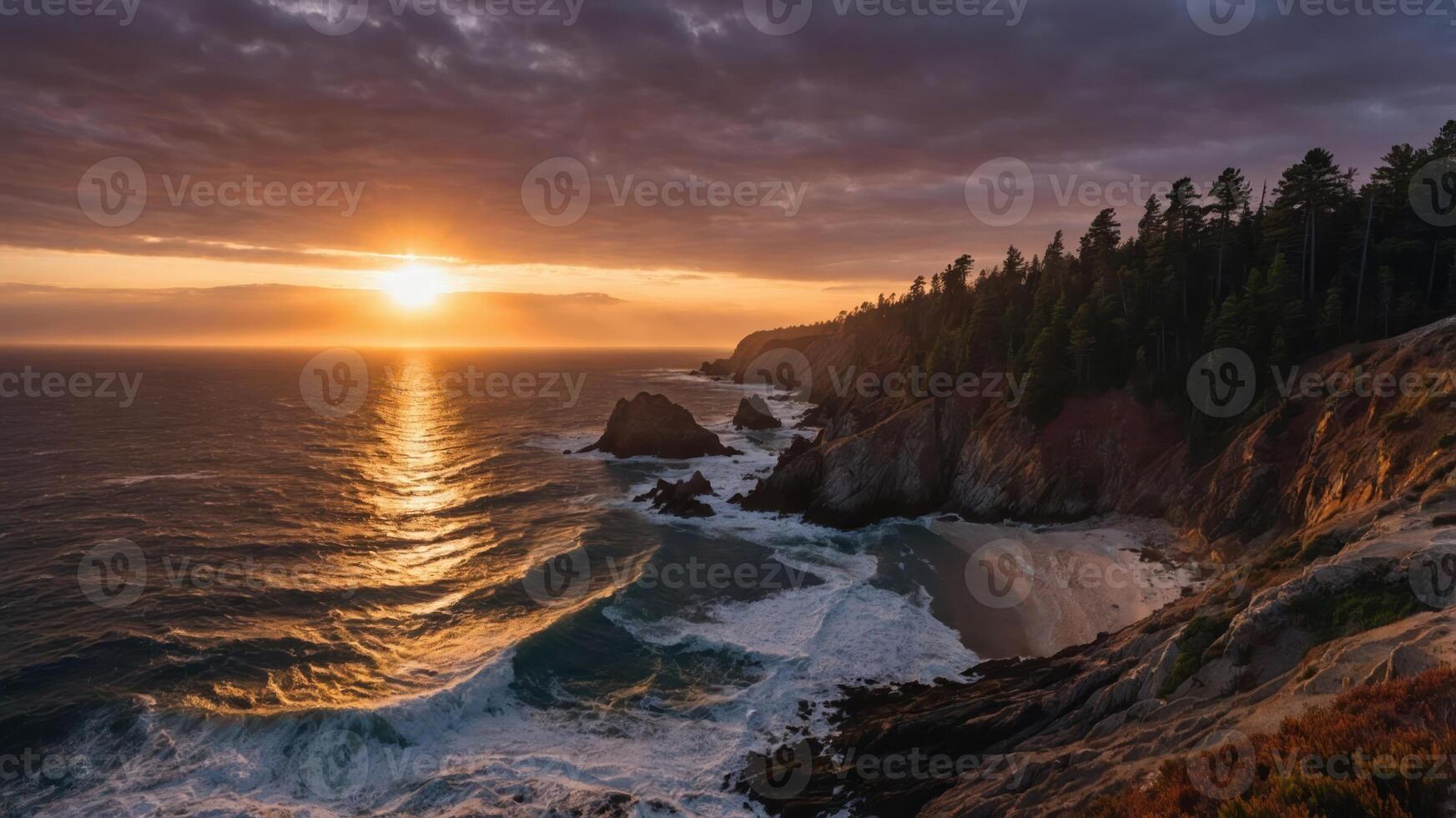 Coastal Sunset Cliffside View with Waves Crashing on Rocky Beach photo