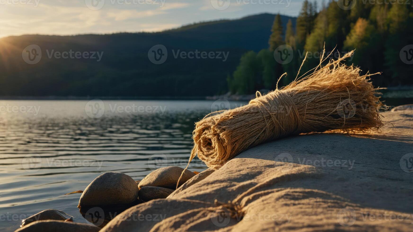 Bundle of Dried Grass Tied with String on Rocky Lake Shoreline photo