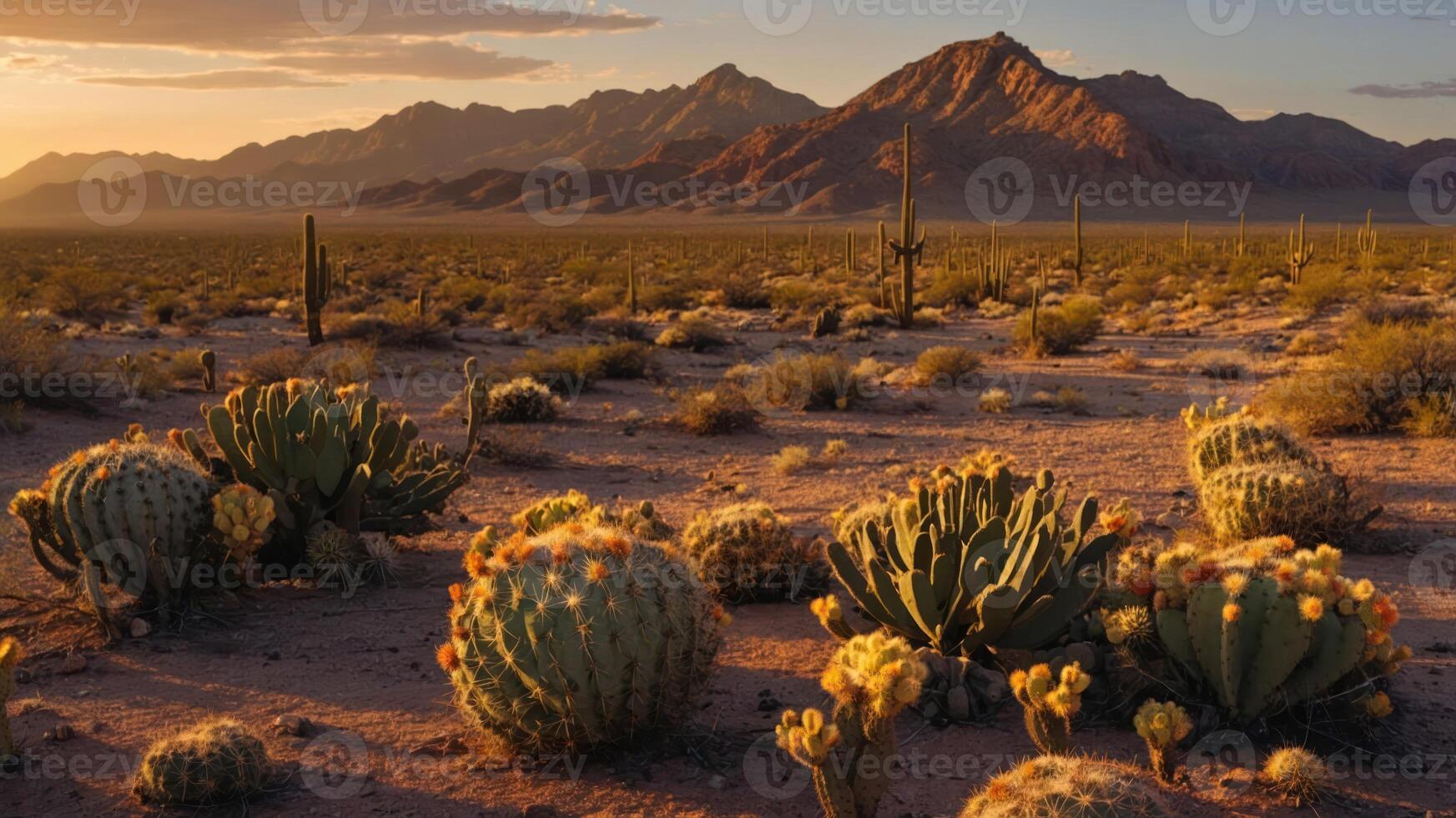 Scenic Desert Landscape with Cacti and Distant Mountains at Sunset photo
