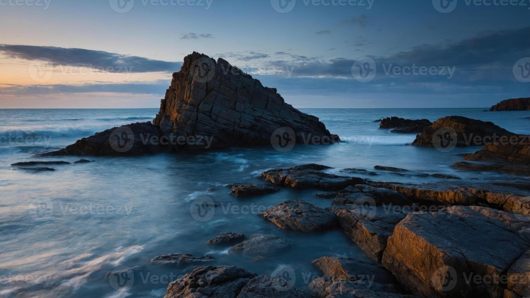 Ocean Waves Crashing Against Rocky Coastline at Dusk with Cloudy Sky photo