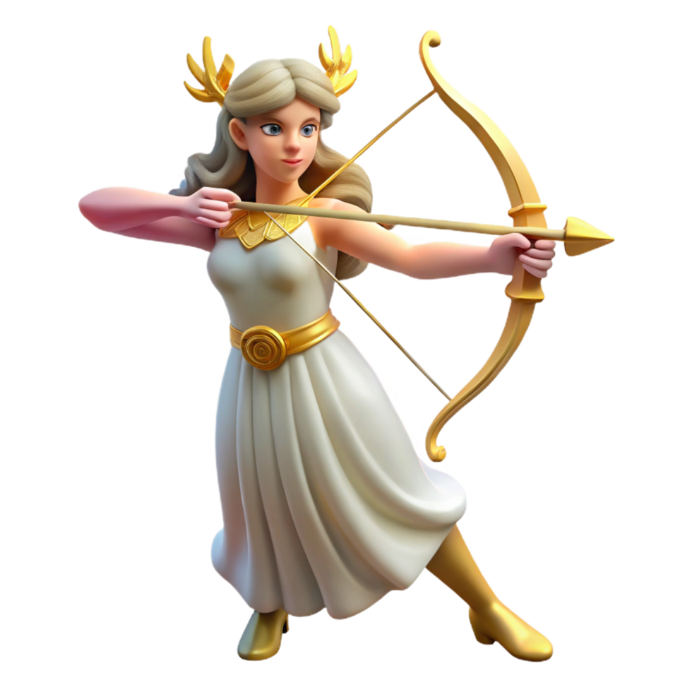 exemplary art deco Artemis, goddess of the hunt, bow and arrow, NO BACKGROUND with Transparent Background. impeccable png