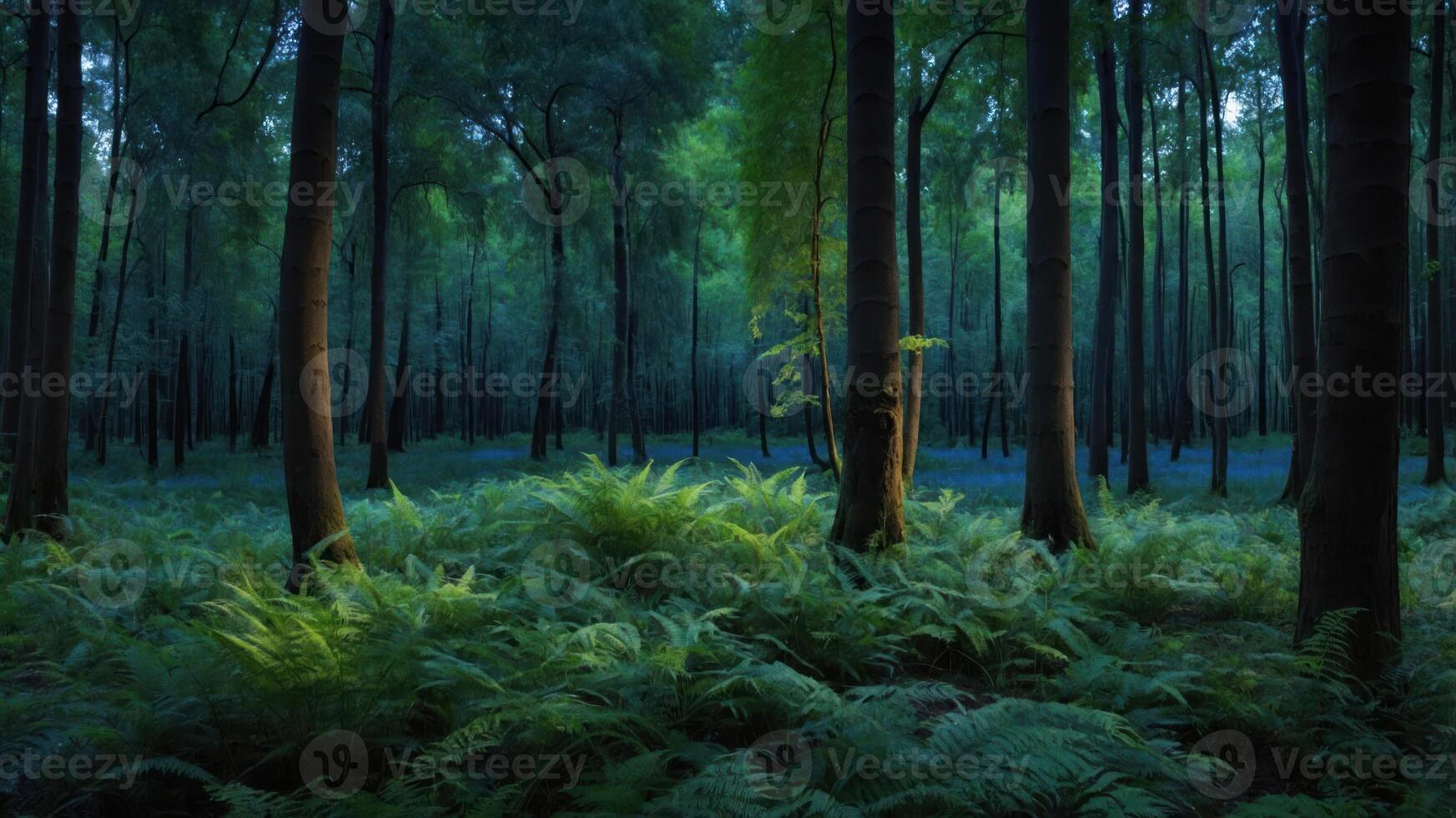 Walking Through a Dense Forest with Lush Green Ferns and Trees photo