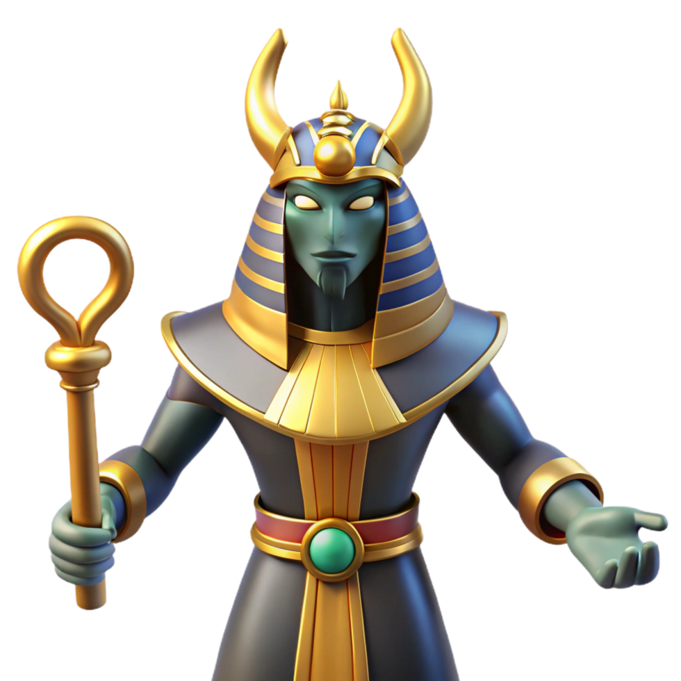 exquisite bohemian Osiris, Egyptian god of the underworld, regal pose, NO BACKGROUND with Transparent Background. exclusive png