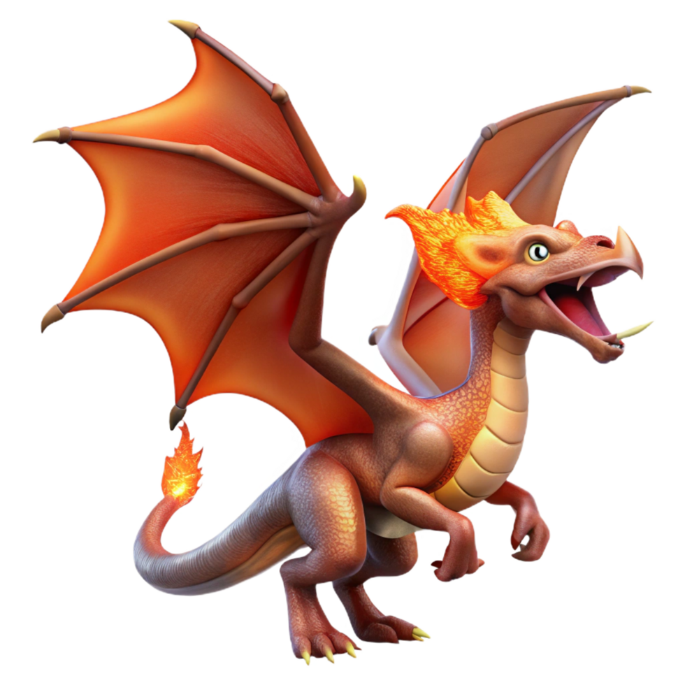 gorgeous playful classic Dragon, mythical winged serpent, fire-breathing, NO BACKGROUND with Transparent Background. handcrafted png