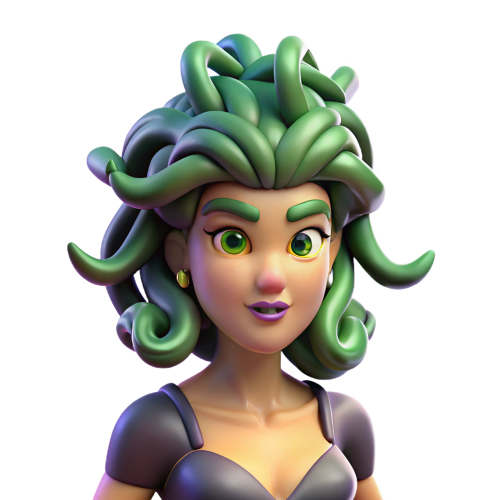 vibrant bold contemporary Gorgon, monstrous female creature, snake hair, NO BACKGROUND with Transparent Background. museum quality png