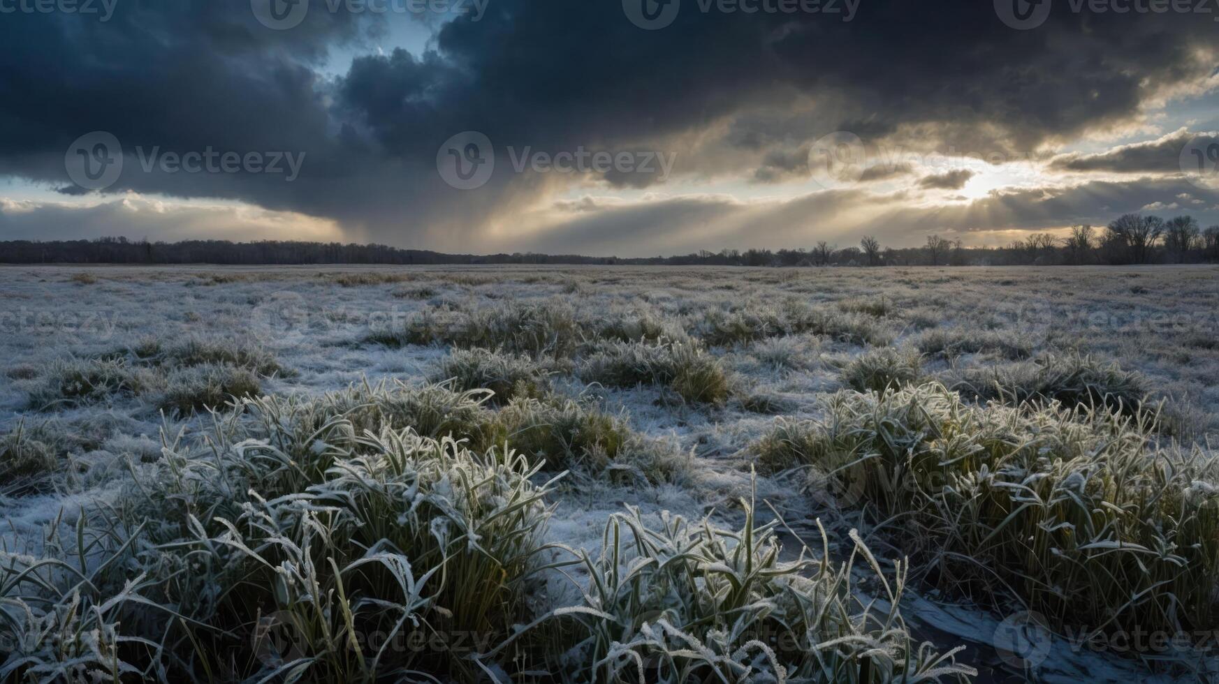 Icy Field Landscape with Overcast Sky and Sun Rays Peeking Through photo